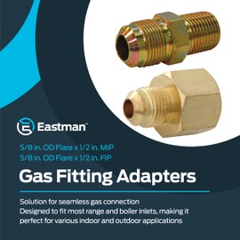Eastman 5/8 Inch OD Flare with 1/2 Inch MIP and 1/2 Inch FIP Gas Fitting Adapter for Natural Gas and Liquid Propane, Zinc Plated Steel, 65709B, Brass