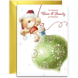 Niece & Family Christmas Card -Teddy Bauble - Medium Sized Card (A5 Size -148mm x 210mm) with Envelope