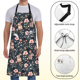 ainori Cute Bunny Apron for Women with Floral,28x33in,Rabbit Kitchen Aprons with 2 Pockets,Oxford Fabric,Animal Adjustable Dark Apron for Cooking Baking Gardening Chef,Gifts for Mom Wife