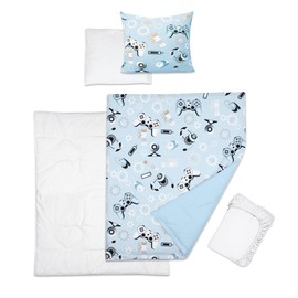 5 Piece Baby Bedding Duvet Pillow with Covers & Jersey Sheet fits 95x65cm Travel Cot (Games)