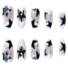 Almond Press on Nails Medium Fake Nails, White French Black Stars with Rhinestones Gel Acrylic Nails with Nail Glue, Glossy False Nails Kits for Women Super Fit Natural Nails 24 Pcs