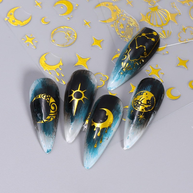 8Sheets Gold Plastic Nail Art Stickers Decals, Star Moon Sun