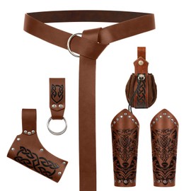 Medieval Belt Costume Accessories 6pcs-Renaissance Accessories with Horn Belt,Leather Bracers, Vintage Pouch, Sword Frog. (Brown)