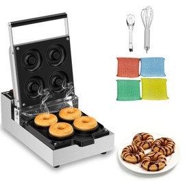Popfoodex Commercial Waffle Donut Machine – 1200W 4-Hole Double-Sided Heating Electric Doughnut Maker w/Timer & Temp Control (0-550°F), Non-Stick Donut Baking Pan, for Parties, Stalls & Home
