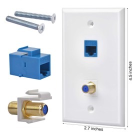 HuaHengHT 4 Packs Ethernet Coax Wall Plate Outlet with 1 Cat6 Keystone Port and 1 Gold-Plated Cable TV Coax F Type Port RJ45 Female to Female Direct Network Connector Wall Plates Blue