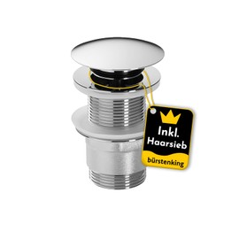 Bürstenking Ablaufgarnitur Waschbecken – Ablaufventil mit Haarsieb – für Waschbecken & Waschtisch – 1 1/4" Anschlussgewinde – Push-Open Funktion – ohne Überlauf – 6 cm – ø 66 mm – Chrom Silber