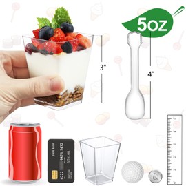 Eupako 25 Pack 5 OZ Plastic Mini Dessert Cups with Spoons - Clear Small Parfait Cups, Square Appetizer Cups for Fruit, Pudding, Mousse, Ice Cream, Party, Wedding, Valentine's Day