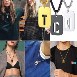 Mens Necklaces Gifts for Christmas Initial Pendant with Wheat Chain Stainless Steel Letter Necklace for Men Black Dog Tag Chain