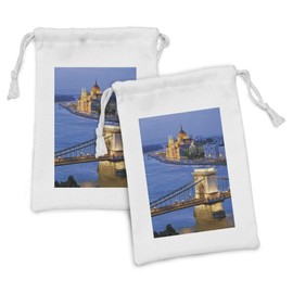 Ambesonne European Fabric Pouch Set of 2, River of Budapest at the Evening Tranquil Bridge Hungarian Culture Heritage, Small Drawstring Bag for Toiletries Masks and Favors, 9" x 6", Multicolor