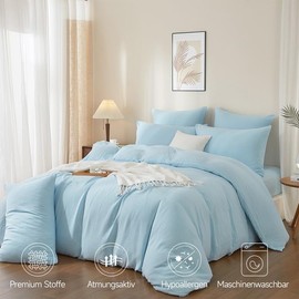 Gezu Muslin Bed Linen 155 x 220 cm Light Blue 100% Cotton Muslin Bed Linen Set Duvet Cover with 2 Pillowcases 80 x 80 cm Very Breathable Comfortable Bed Linen Double Bed with Zip