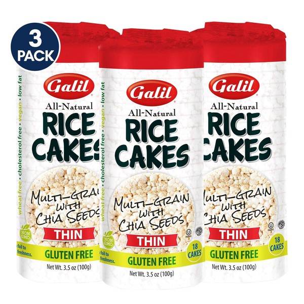 Galil Thin Multi-Grain Rice Cakes with Chia Seeds Pack of 3 - All-Natural, Non-GMO, Low Fat, Gluten-Free Rice Cakes 3.5 Oz.