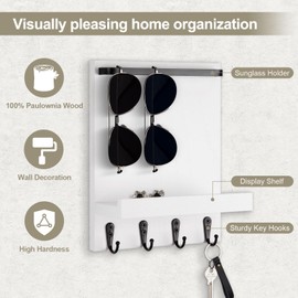 Lucundm Key Holder Wall Mount, Key Holder for Wall with 4 Hooks, Farmhouse Key Hanger Holds Dog Leash, Sunglasses – Decorative Mail Organizer Home Decor (White)