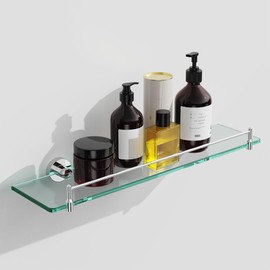 KOCOK 20 Inches Glass Shelves for Bathroom, Chrome Polished Floating Glass Shelf Stainless Steel Tempered Glass Bathroom Shelves for Wall Mount Modern