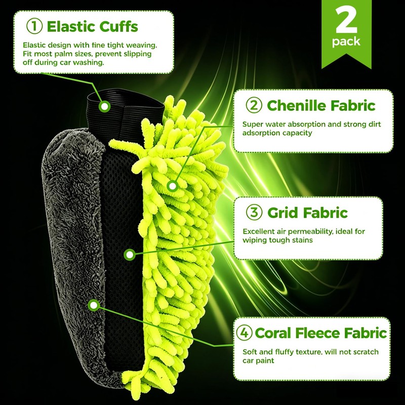 HOMEAN 3-Piece Car Wash Kit: 2 Scratch-Free Chenille Microfiber Wash
