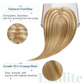 Elailite Hairpiece Real Hair Topper Clip-In Toupee Women Silk Base Clip-In Extensions Remy Silk Base Straight #12P613 Golden Brown & Bleached Blonde 35 cm