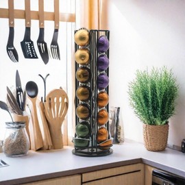 Worbic Coffee Pod Holder Compatible With 28 Nespresso Vertuo Pods, Black Metal Rotating Carousel Capsule Holder Stand, Nespresso Pod Organizer For Kitchen