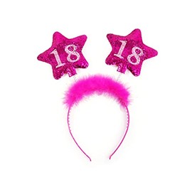 PartyDeco 18th Birthday Hairband for Girls - Pink Glitter Headband with Feathers, Stars, and Number 18 | Fun Party Accessory for Celebrating Birthdays