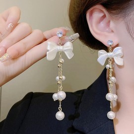 Pearl Bow Earrings for Women Gold Bow Stud Earrings Christmas Earrings Stocking Stuffers for Women Christmas Jewelry Gifts 2024