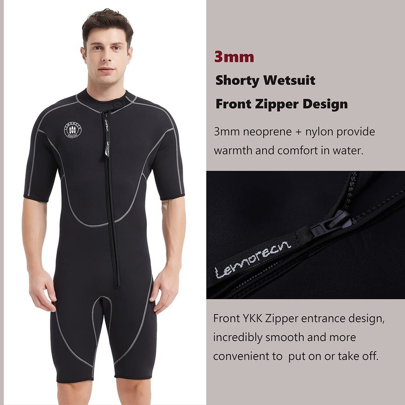 Lemorecn Wetsuits Mens Front Zip Neoprene 3mm Shorty Diving Suit(CA3016black-S)