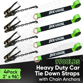 Bolvixor 4 Pack Car Tie Down Straps for Trailers - 2" x 96" - 9900LBS Break Strength - Tire Ratchet Straps with Heavy Duty Chain Anchors for Hauling UTV, SUV, Truck, Any Cars