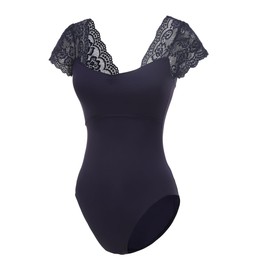 Lanbodance Women's Short Sleeve Leotards for Ballet Dance Adult Ballerina Dance Costume, Navy Lace, X-Small