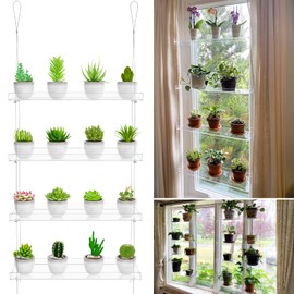 Clear Plant Shelves, Height Adjustable Hanging Acrylic Indoor Wall Hanging Plant Stand Flower Display, Flower Pot Organizer Storage for Window Grow Herbs, Microgreens, Succulents, Flower