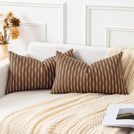 Kevin Textile Pack of 2 Farmhouse Decorative Throw Pillow Covers Burlap Linen Cushion Cover Striped Pillowcase, Brown 12 x 20 inches 30 x 50 cm