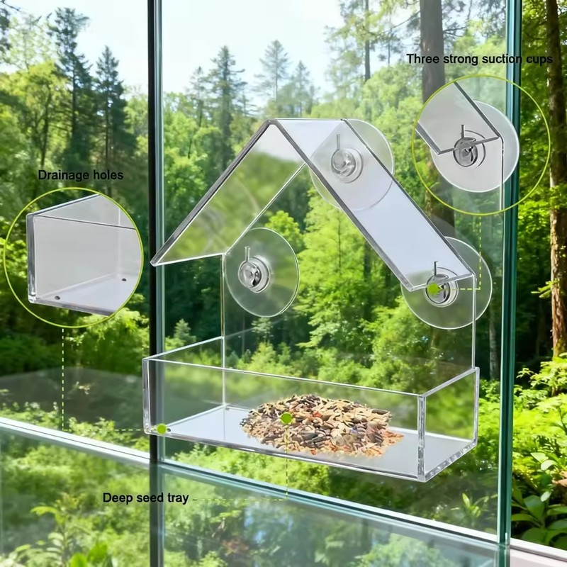 Clear Window Bird Feeder with Suction Cups – Transparent Acrylic