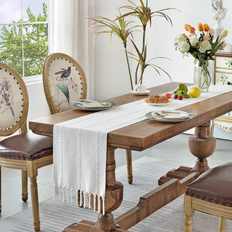 Wracra Cotton Linen Table Runner Farmhouse Style White Table Runner