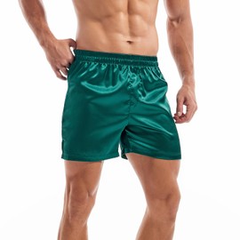 Amy Coulee Men's Satin Boxers Silky Sleep Boxer Shorts Lounge Pajama Shorts with Elastic Waistband (M, Dark Green)