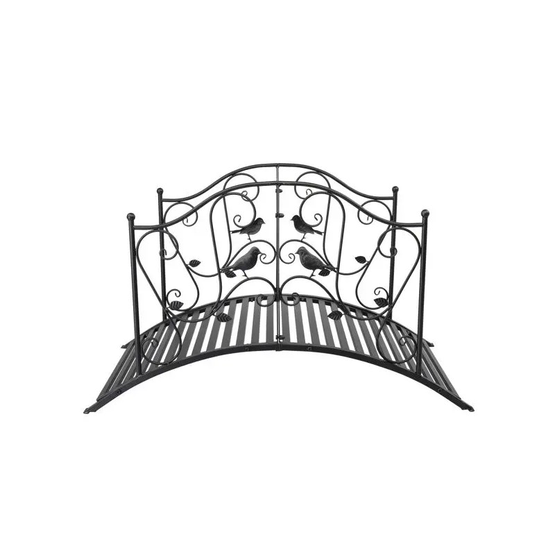 119*67*71cm Black Iron Courtyard Bridge with Bird Pattern Arched Handrail