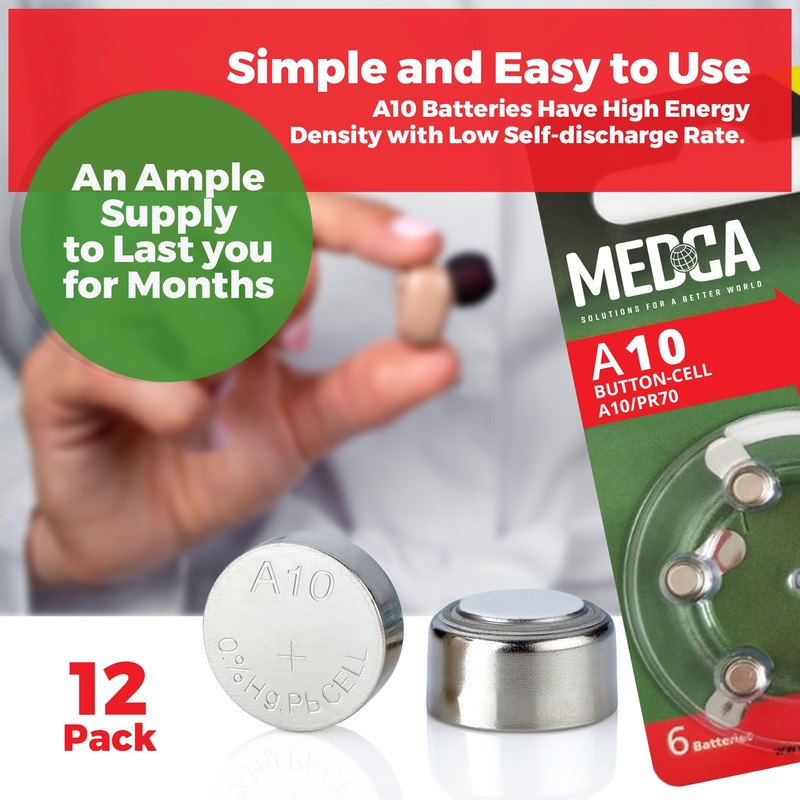 MEDca A10 Batteries - 12 Count Pack - 1.45V Zinc