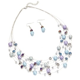 Layered Pearl Beaded Necklaces for Women Multi Layered Pearl Choker Necklace Boho Jewelry for Women Gifts for Mom(Blue and purple)