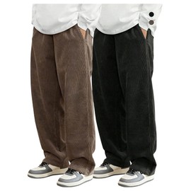 SOLY HUX Men's 2 Piece Corduroy Pants Drawstring Elastic Waist Straight Leg Baggy Pants with Pockets Brown and Black Large