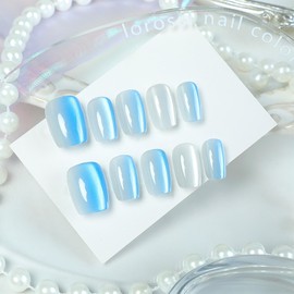 Short Square Blue Cat Eye Press on Nails for DIY Manicure Glossy White Cat Eye Acrylic False Nails Gradient Ombre Fake Nails Gel Glue on Nails Stick on Nails for Women Girls Ocean Design 30Pcs