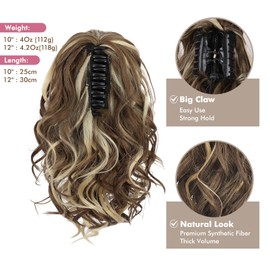 REECHO Ponytail Extension, Claw Clip in Ponytail Hair Extensions 10 Inch Short Curly Ponytail Natural Wavy Synthetic Hairpiece for Women – Light Brown with Highlights