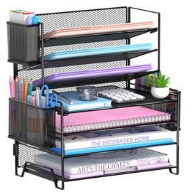 SUPEASY Organizador de escritorio de 7 niveles con 3 soportes para bolígrafos, bandeja de letras de metal resistente, organizador de archivos de papel