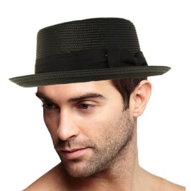 Men's Everyday Light Summer Ribbon Porkpie Boater Derby Fedora Sun Hat (US, Alpha, Large, X-Large, Black)