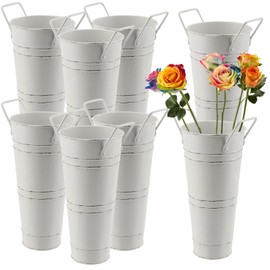 ZEONHEI 8 Pack 9 Inch Tall Galvanized Flower Bucket, Beige Farmhouse French Flower Bucket with Handle, Rustic Vintage Metal Vases for Flower, Centerpieces, Floral Wedding Arrangements
