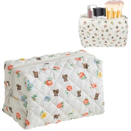 NJCXOLA White Bear Floral Pattern Quilted Cosmetic Bag Large Capacity Soft Cotton Makeup Brush Beauty Tool Bag