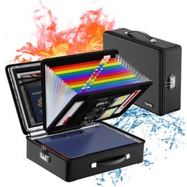 Fireproof Document Box with Fireproof Zipper, Hard Fireproof Safe Case with Lock, Fireproof Water Resistant Safe Box with Accordion File Organizer for Important Documents, Valuables, Laptop, Black