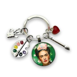 Geschenk Schlüsselanhänger «Frida », Malerin, Gemälde, Leinwand mit Glas-Cabochon und Charms Palette, Pinsel, Pastell und Herz, Kreation