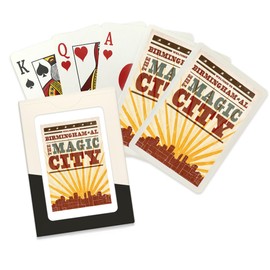 Birmingham, Alabama, Skyline and Sunburst Screenprint Style, Magic City (52 Playing Cards, Poker Size Card Deck with Jokers)