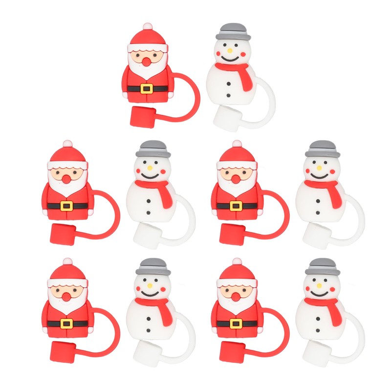 10Pcs Christmas Straw Covers Caps Cartoon Soft Silicone Christmas Straw
