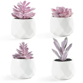 VIVERIE Mini Succulents Plants Artificial in Pots, Christmas Small Fake Plants for Home Decor Indoor for Women, White Ceramic Faux Succulents, Set of 4, Gifts for Mom-Purple