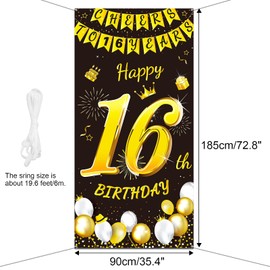 DPKOW Black Gold 16th Birthday Decoration for Boy Girl, Black Gold 16th Birthday Banner for Backdrop Door Decoration, Fabric 16th Birthday Background Banner for Garden Table Wall Decoration, 185x90cm