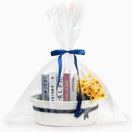 Goodheim Hamper Baskets for Gifts Empty，Christmas Gift Basket Kit with Cellophane Wrap，Bow Set Hamper Small for Birthday Xmas Present White Navy Blue with Bow