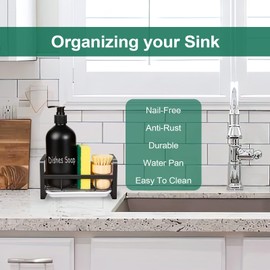 TEZZ TEZZ Sponge Holder for Kitchen Sink- Stainless Steel Kitchen Sink Caddy for Organizing Sponge, Brush & Soap Dish Dispenser, Kitchen Sink Organizer Rack with Adhesive or Counter top, Black