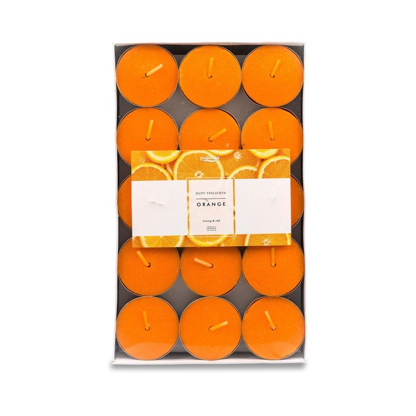 pajoma® Tea lights, pack of 30, orange, scented tea lights in aluminium case, burning time approximately 4 hours – height 1.5 cm, diameter 3.5 cm, premium quality, decoration, catering, outdoor,