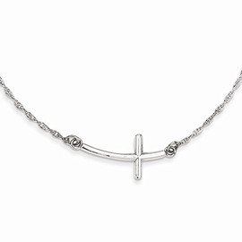 Million Charms 925 Sterling Silver Rhodium-Plated Large Sideways Curved Cross Necklace, 18" Length